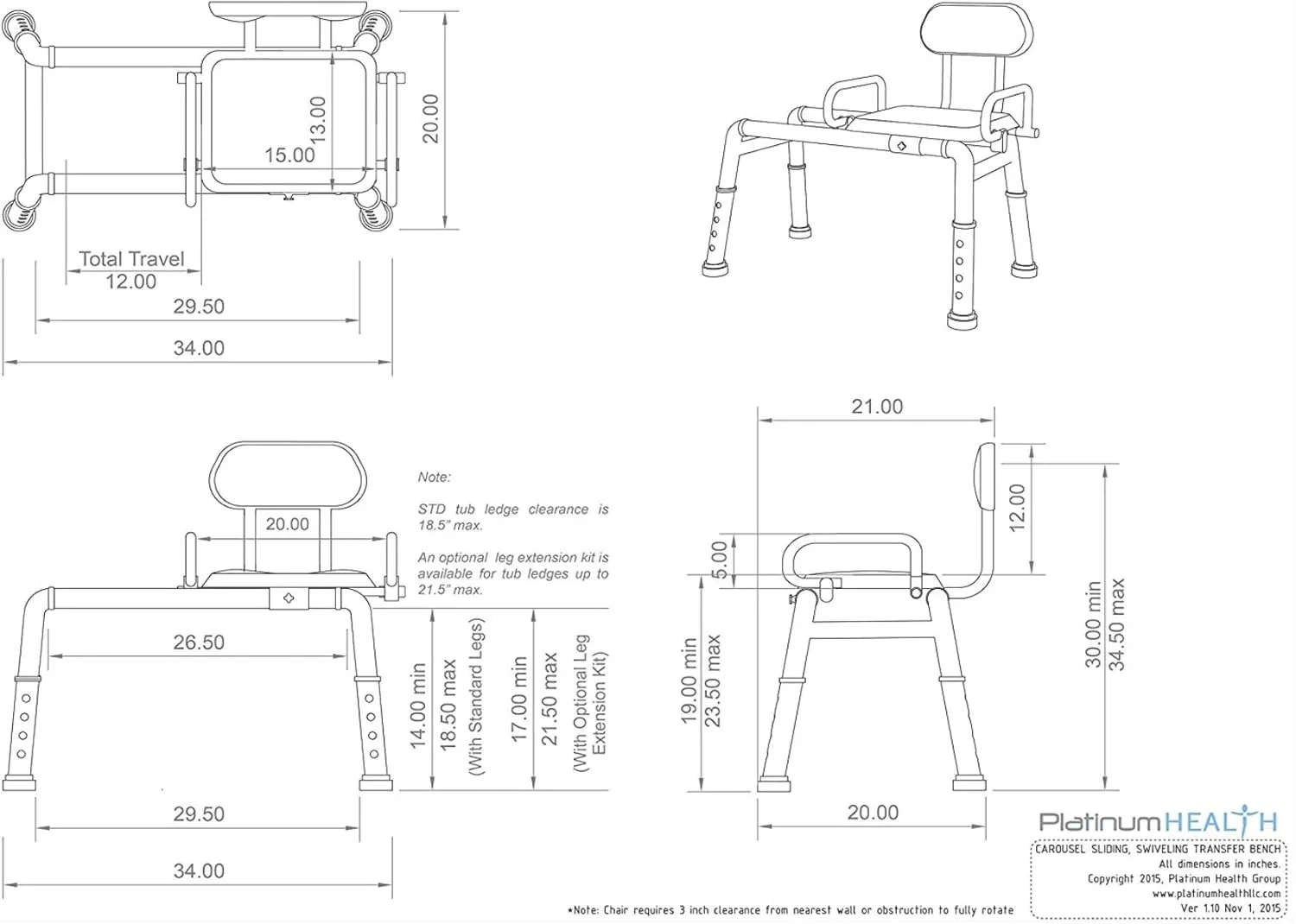 Platinum Health Carousel Sliding Shower Chair Transfer Bench with Swivel Seat (White)