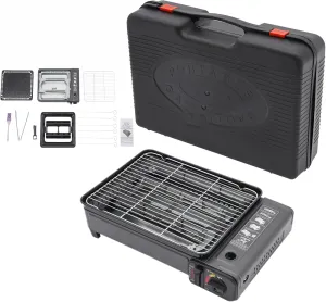 Portable Butane Camping Stove, Dual Fuel Camping Grill Butane Gas Stove, Piezo Click Ignition, W/Grilling Net, Baking Sheet, Oil Brush, Food Clip for Tailgating, Hiking, Backpacking(7.05 Lbs)
