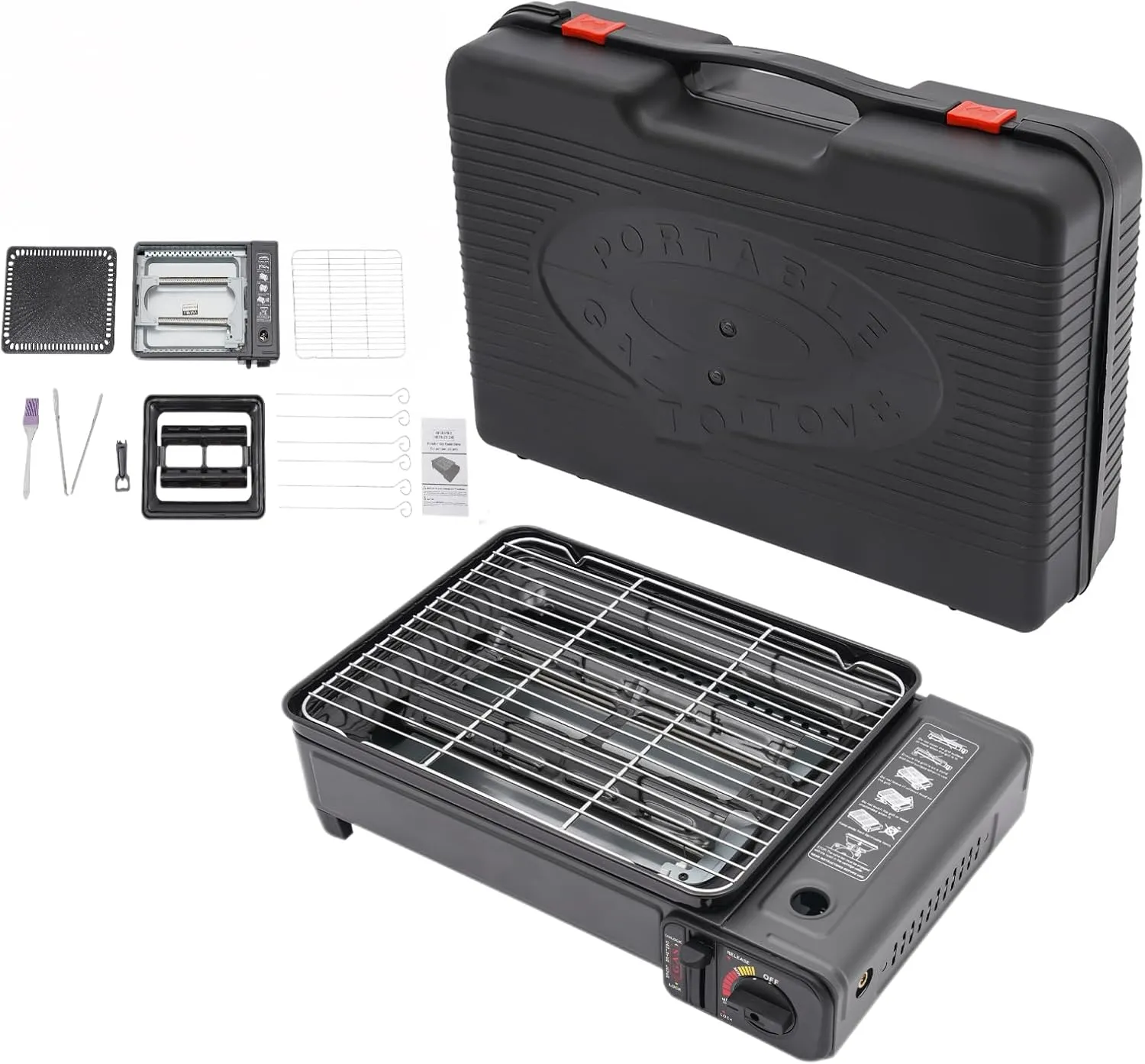 Portable Butane Camping Stove, Dual Fuel Camping Grill Butane Gas Stove, Piezo Click Ignition, W/Grilling Net, Baking Sheet, Oil Brush, Food Clip for Tailgating, Hiking, Backpacking(7.05 Lbs)