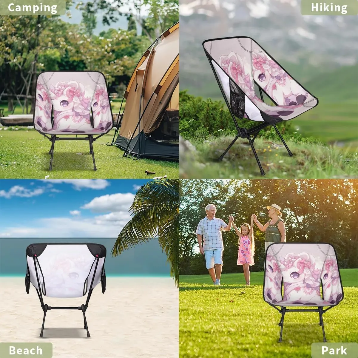 Portable Camping Chair Cartoon Unicorn Ultralight Folding Camping Chair Pink Flowers Backpacking Hiking Chair with Cup Holder for Outdoor Travel Beach Picnic Festival, 176 lbs Capacity
