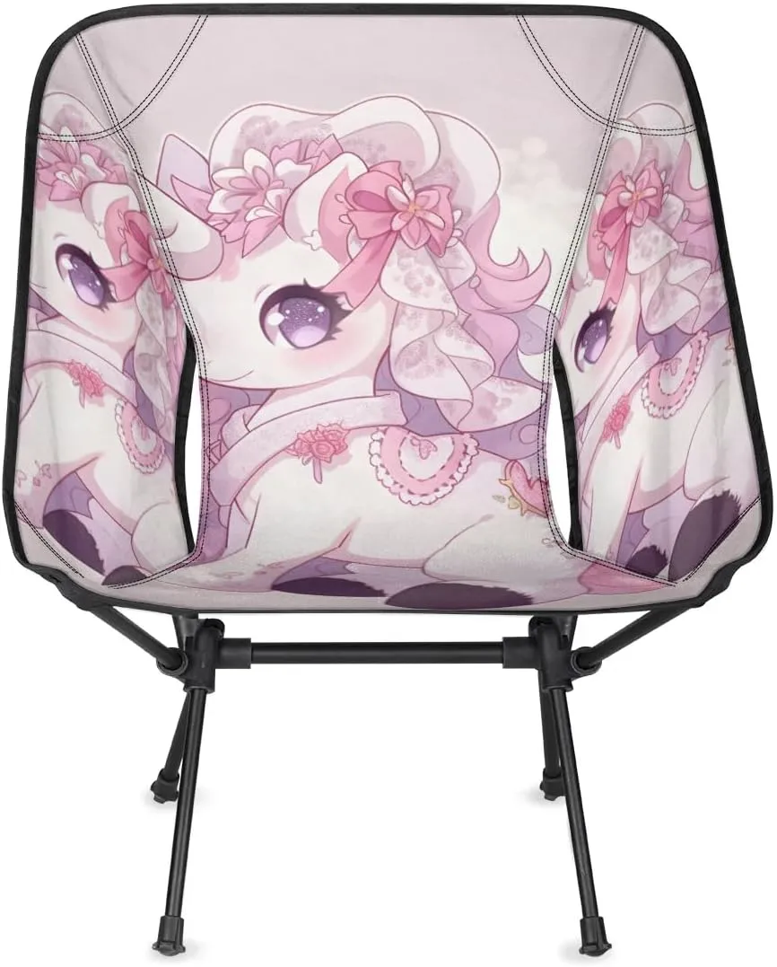 Portable Camping Chair Cartoon Unicorn Ultralight Folding Camping Chair Pink Flowers Backpacking Hiking Chair with Cup Holder for Outdoor Travel Beach Picnic Festival, 176 lbs Capacity
