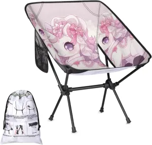 Portable Camping Chair Cartoon Unicorn Ultralight Folding Camping Chair Pink Flowers Backpacking Hiking Chair with Cup Holder for Outdoor Travel Beach Picnic Festival, 176 lbs Capacity