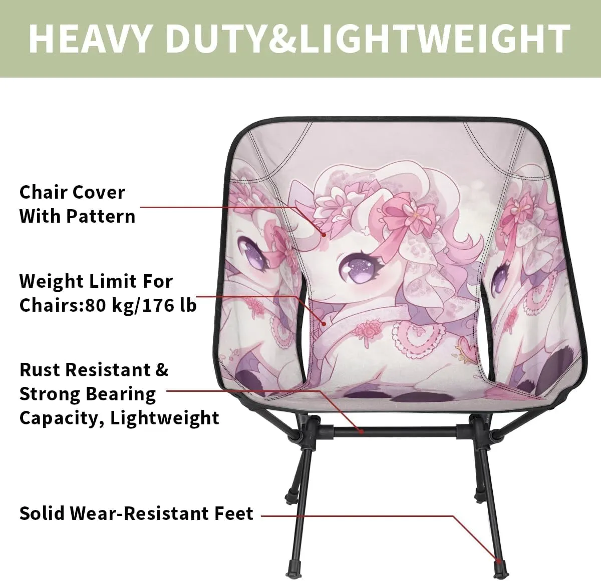 Portable Camping Chair Cartoon Unicorn Ultralight Folding Camping Chair Pink Flowers Backpacking Hiking Chair with Cup Holder for Outdoor Travel Beach Picnic Festival, 176 lbs Capacity