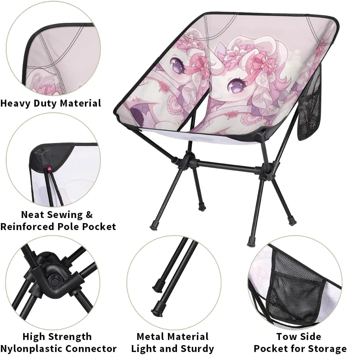 Portable Camping Chair Cartoon Unicorn Ultralight Folding Camping Chair Pink Flowers Backpacking Hiking Chair with Cup Holder for Outdoor Travel Beach Picnic Festival, 176 lbs Capacity