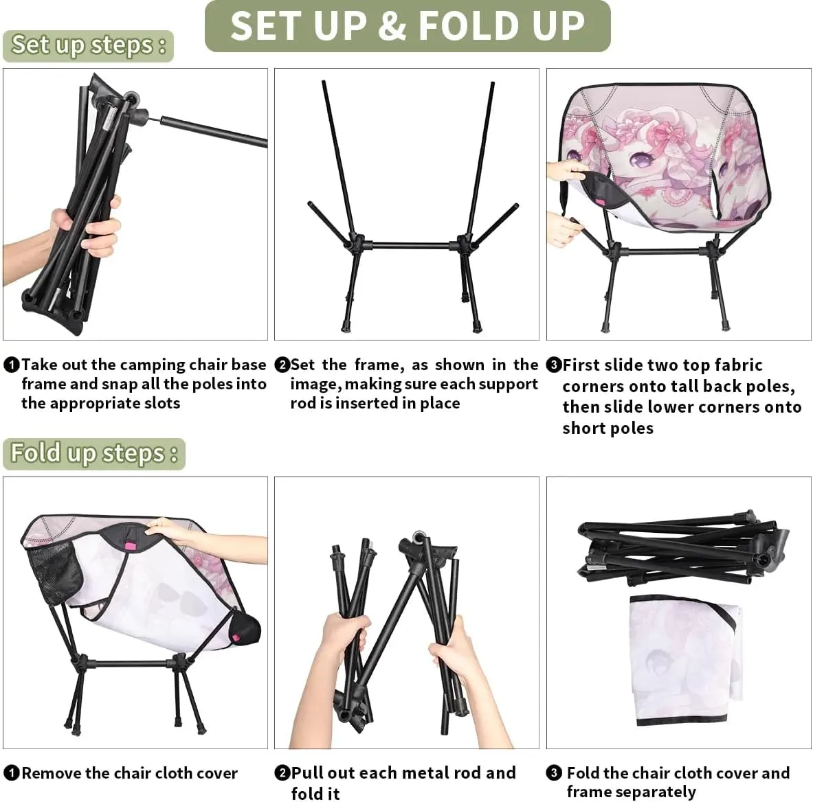 Portable Camping Chair Cartoon Unicorn Ultralight Folding Camping Chair Pink Flowers Backpacking Hiking Chair with Cup Holder for Outdoor Travel Beach Picnic Festival, 176 lbs Capacity