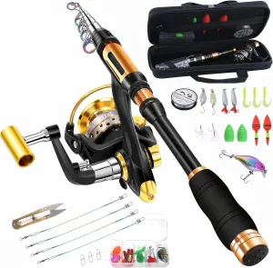 Portable Fishing Spinning Rod and Reel Combo Set Carbon Fiber Fluorescent Rod Tip, with Fishing Lures Line Carrier Bag Kits for Travel Surf Saltwater Freshwater (Black, 1.8M/70.8in/5.9ft)