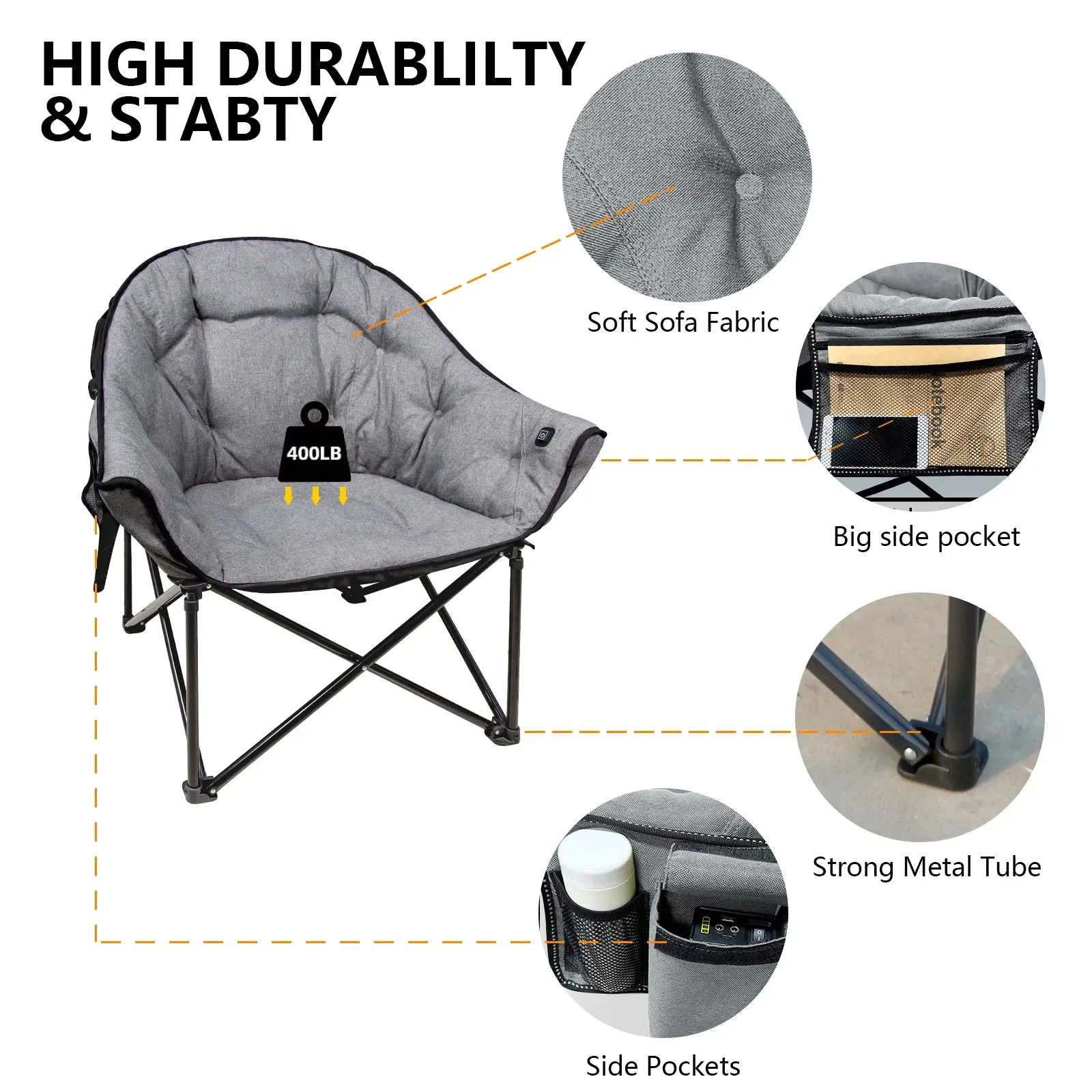 Portable Heated Camping Chair with Charger, Dual Power Options