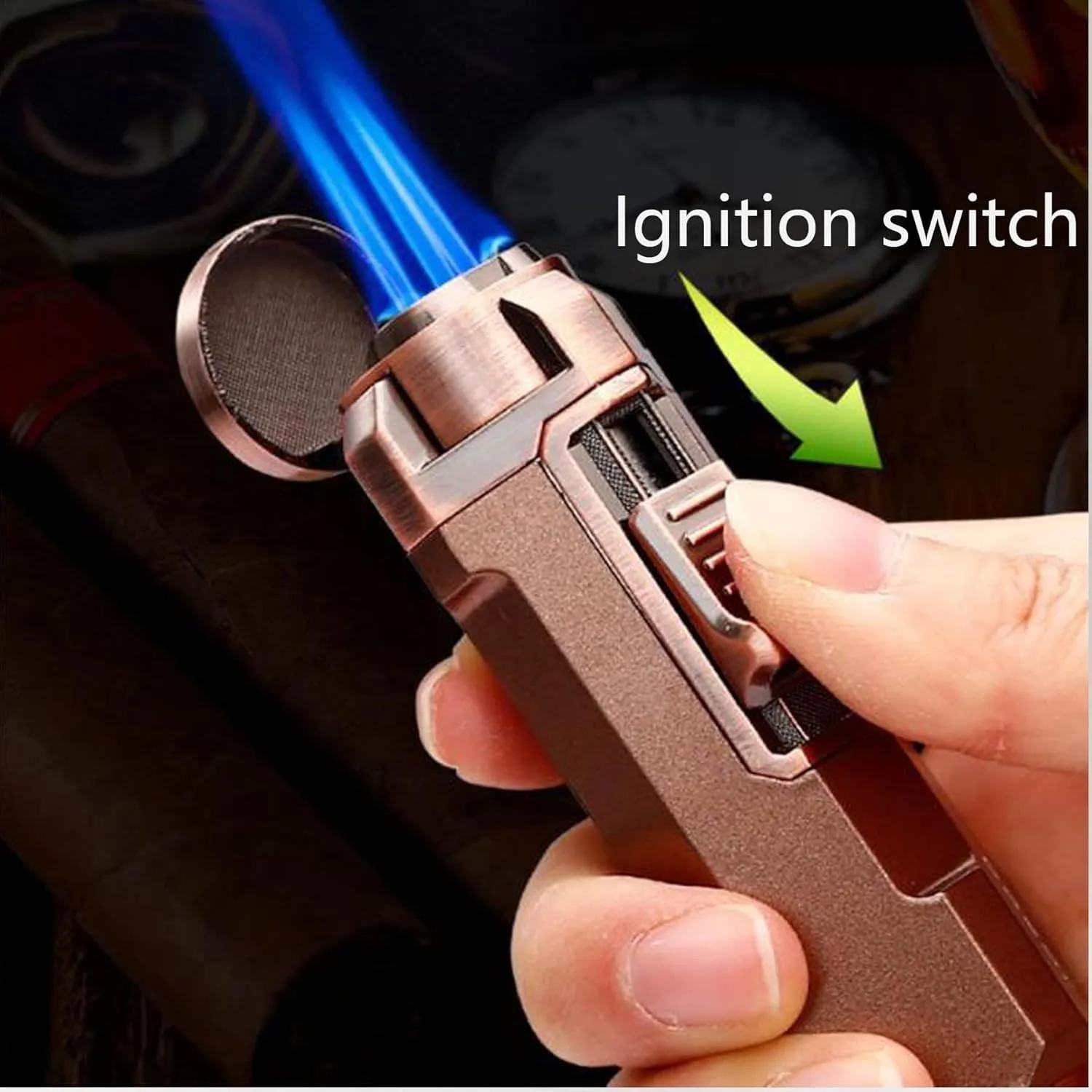 Portable Multifunctional Butane Windproof Jet 3 Flame Lighter Puncher Pull-Down Ignition Suitable for Outdoor Camping Kitchen(Gray)