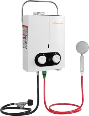 Portable Propane Water Heater Tankless, 1.45GPM 5.5L Instant Hot Water Heater,Outdoor Use for RV, Camper Van, Travel Trailer, Cabin, Pool, Barn, White