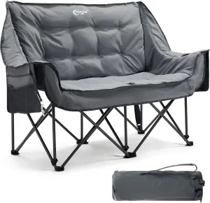 PORTAL Double Camping Chair Sofa 2 Person Loveseat Folding Thicken Camp Chair for Adults with Cup Holder, Outdoors Lawn Camp Soccer Sports, Support 600 lbs (Grey)