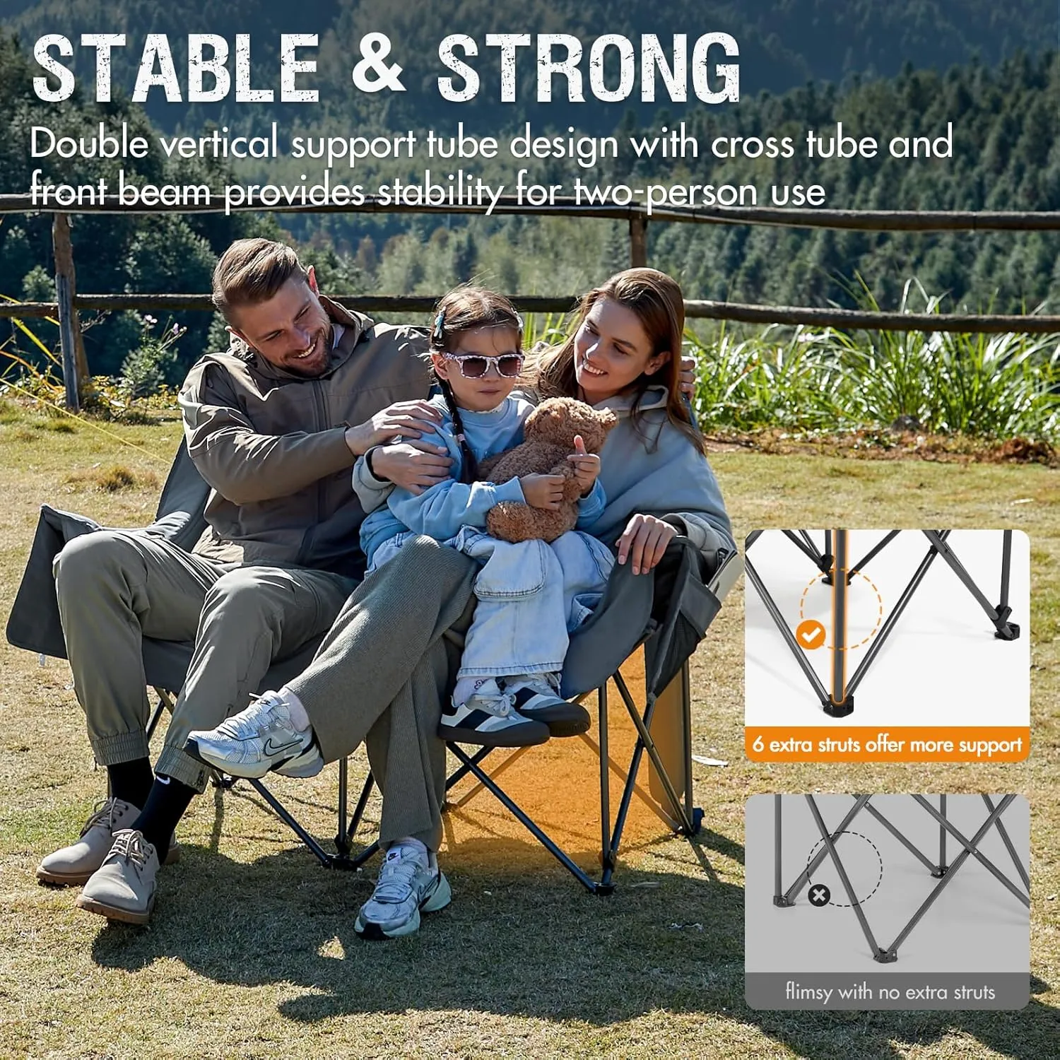 PORTAL Double Camping Chair Sofa 2 Person Loveseat Folding Thicken Camp Chair for Adults with Cup Holder, Outdoors Lawn Camp Soccer Sports, Support 600 lbs (Grey)