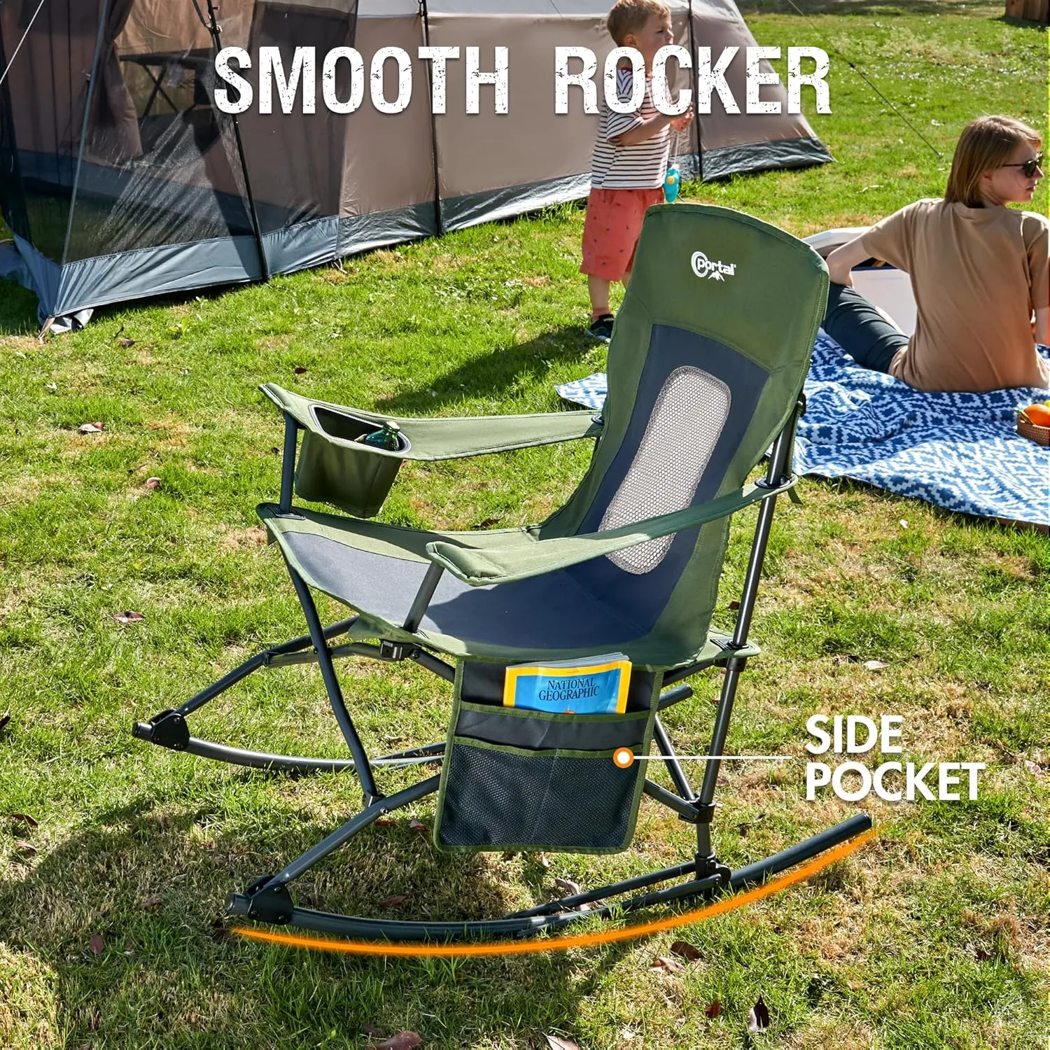 PORTAL Folding Camping Rocking Chair Portable Outdoor Rocker High Back Cup Holder Side Pocket Carry Bag Included, Support 300 lbs