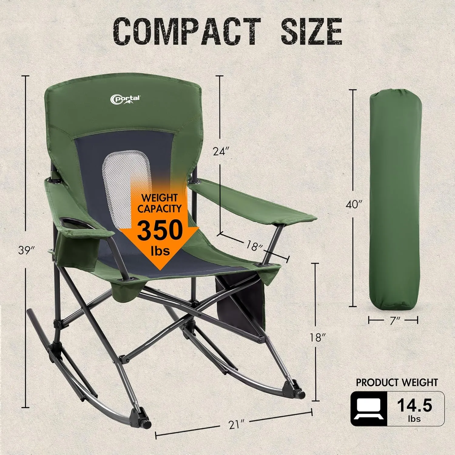 PORTAL Folding Camping Rocking Chair Portable Outdoor Rocker High Back Cup Holder Side Pocket Carry Bag Included, Support 300 lbs