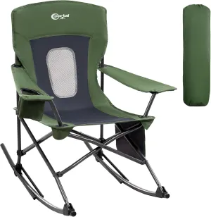 PORTAL Folding Camping Rocking Chair Portable Outdoor Rocker High Back Cup Holder Side Pocket Carry Bag Included, Support 300 lbs