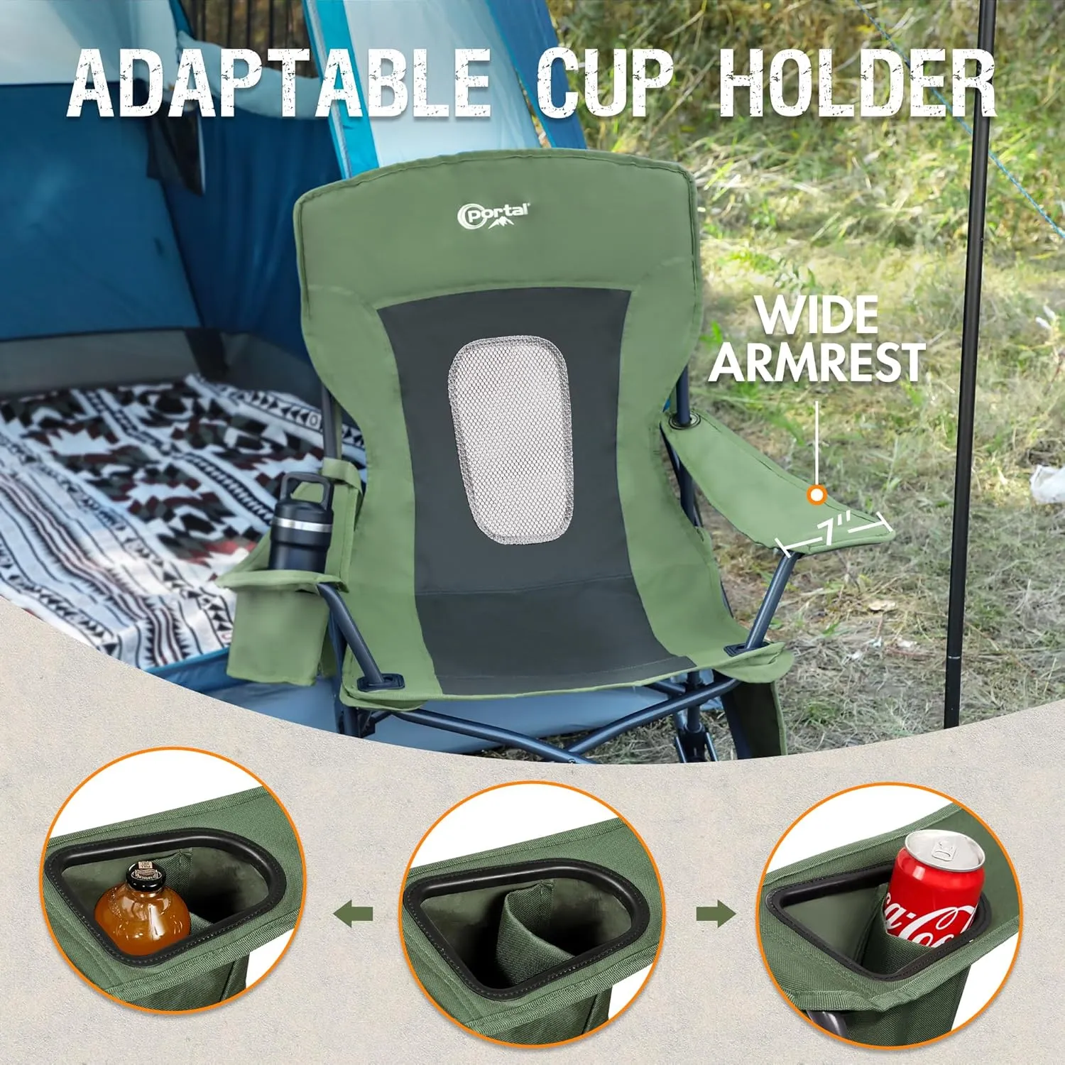 PORTAL Folding Camping Rocking Chair Portable Outdoor Rocker High Back Cup Holder Side Pocket Carry Bag Included, Support 300 lbs