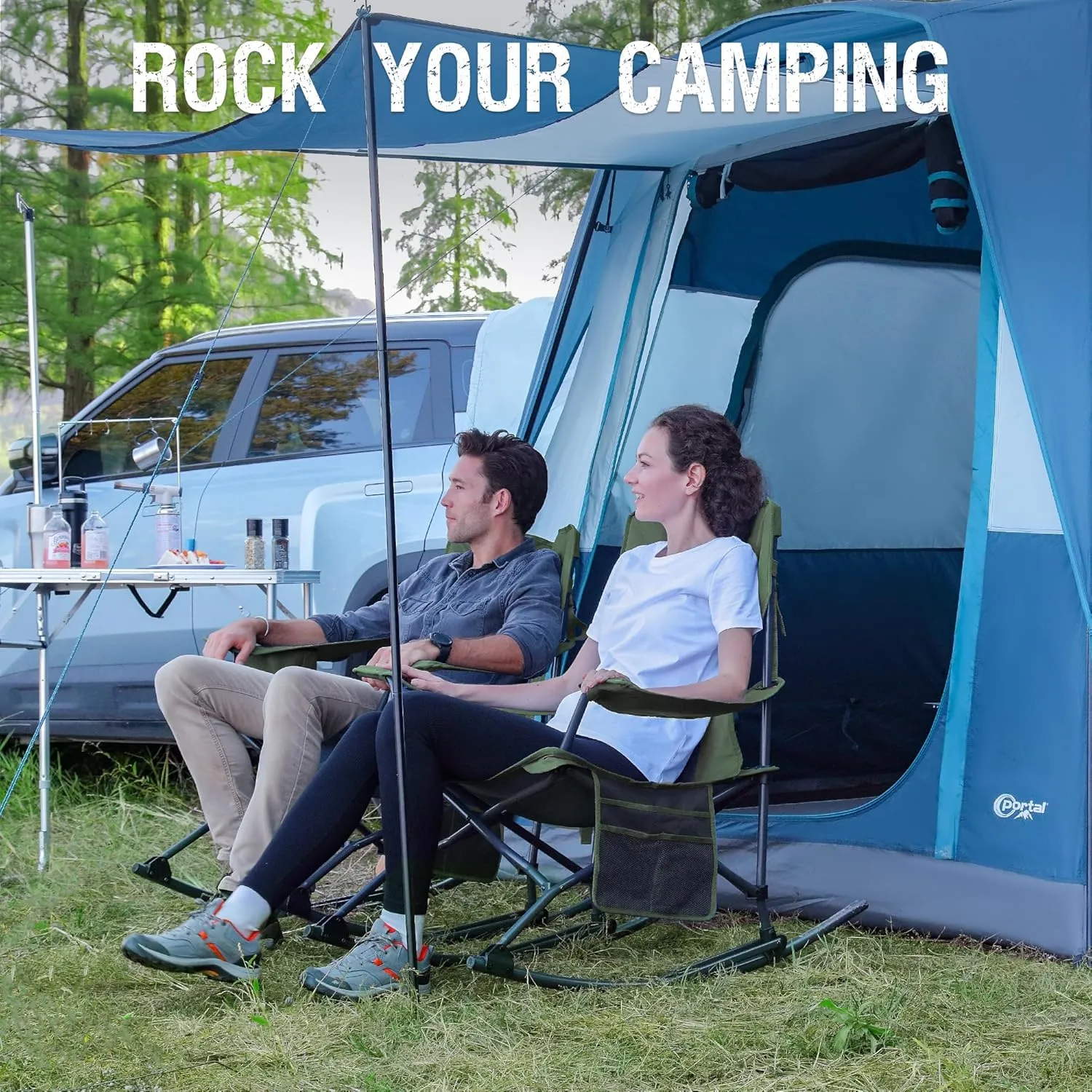 PORTAL Folding Camping Rocking Chair Portable Outdoor Rocker High Back Cup Holder Side Pocket Carry Bag Included, Support 300 lbs