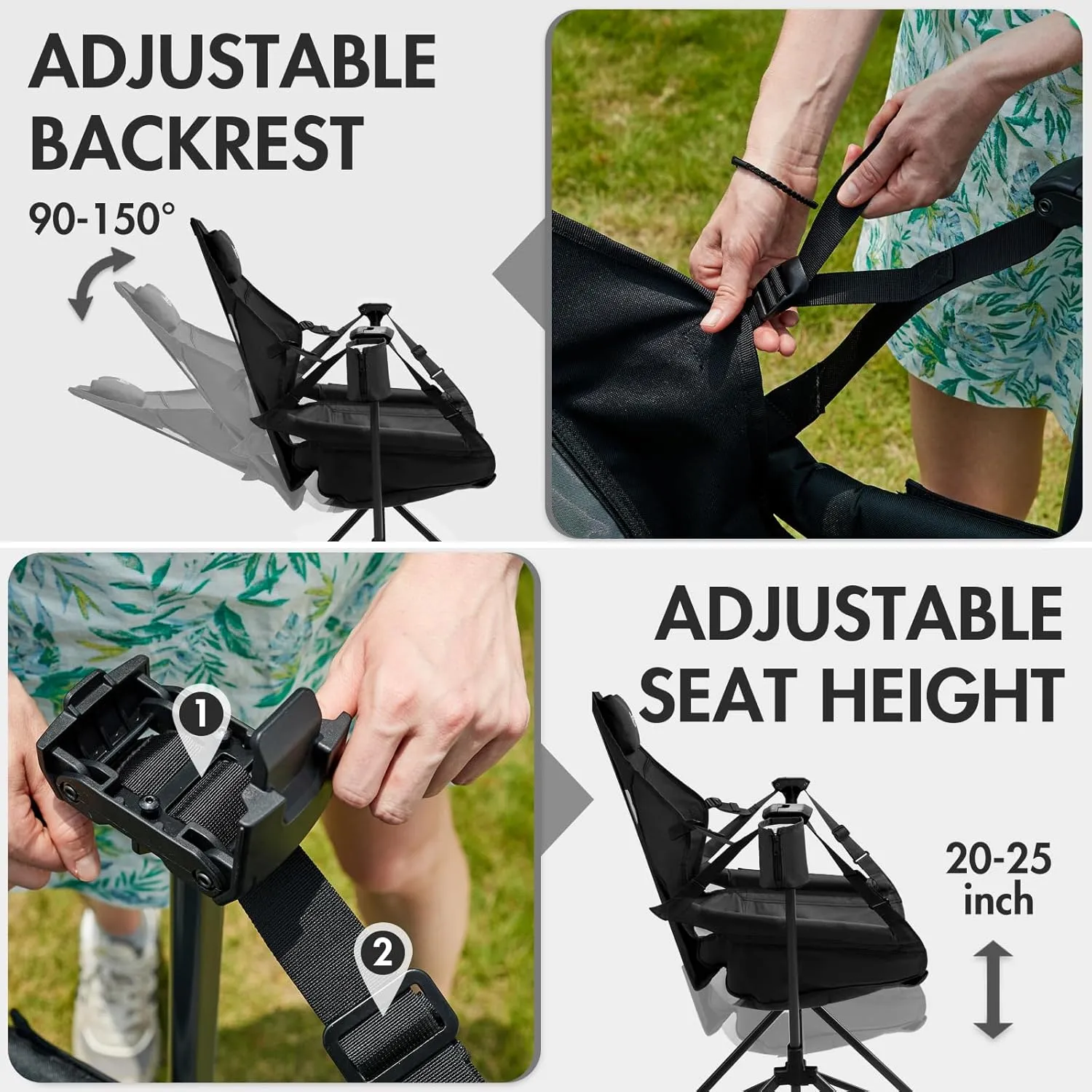 PORTAL Hammock Camping Chair, Portable Outdoor Swinging Chairs, Rocking Chair for Adults with Adjustable Back and Height for Lawn, Backyard, Patio, Supports 400 lbs, Breathable Mesh High Back, Black