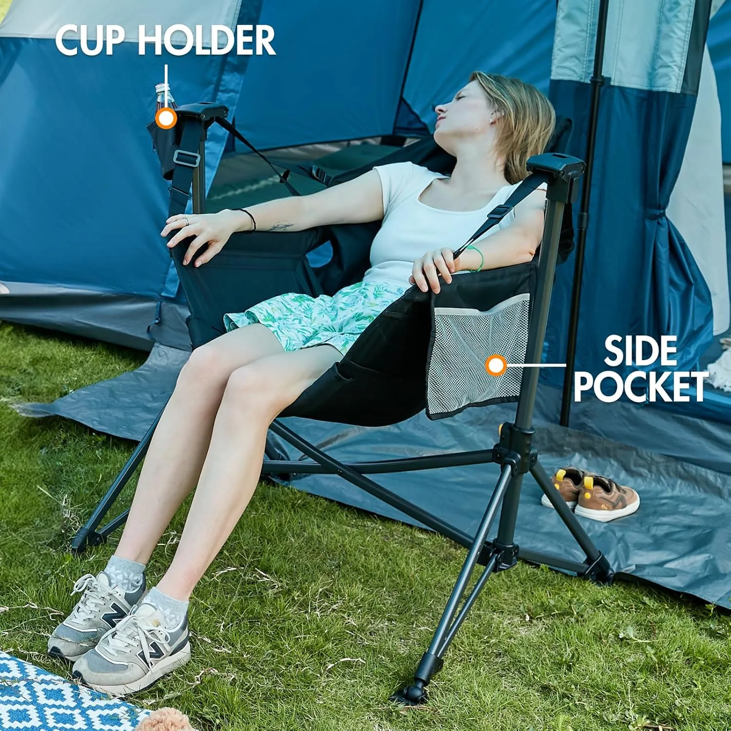 PORTAL Hammock Camping Chair, Portable Outdoor Swinging Chairs, Rocking Chair for Adults with Adjustable Back and Height for Lawn, Backyard, Patio, Supports 400 lbs, Breathable Mesh High Back, Black