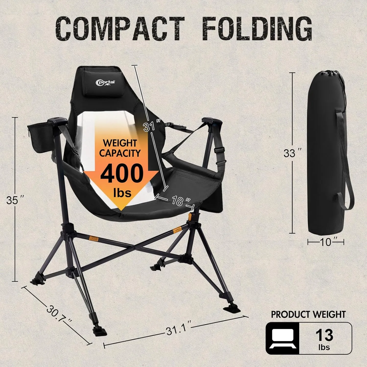 PORTAL Hammock Camping Chair, Portable Outdoor Swinging Chairs, Rocking Chair for Adults with Adjustable Back and Height for Lawn, Backyard, Patio, Supports 400 lbs, Breathable Mesh High Back, Black