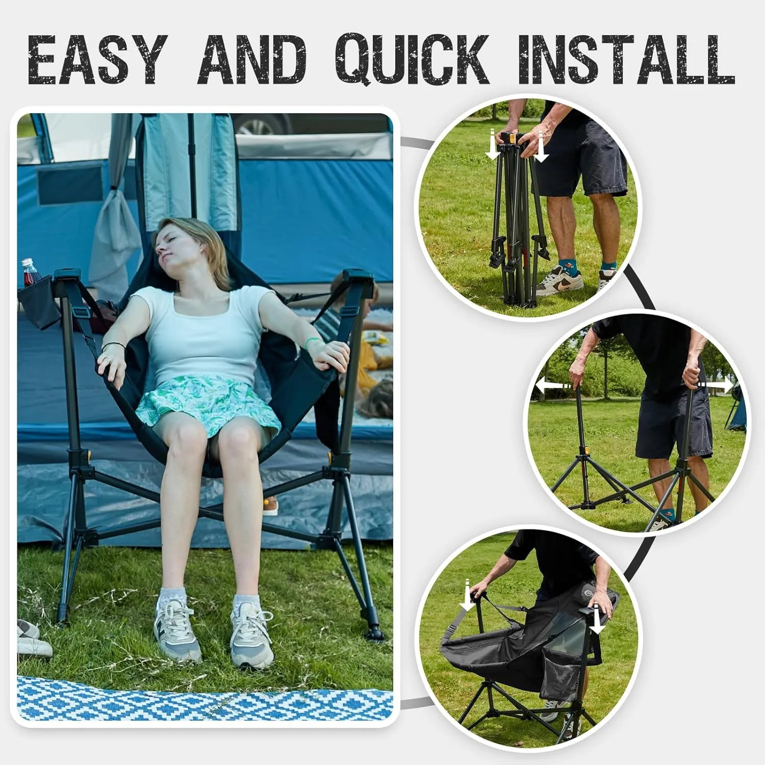 PORTAL Hammock Camping Chair, Portable Outdoor Swinging Chairs, Rocking Chair for Adults with Adjustable Back and Height for Lawn, Backyard, Patio, Supports 400 lbs, Breathable Mesh High Back, Black