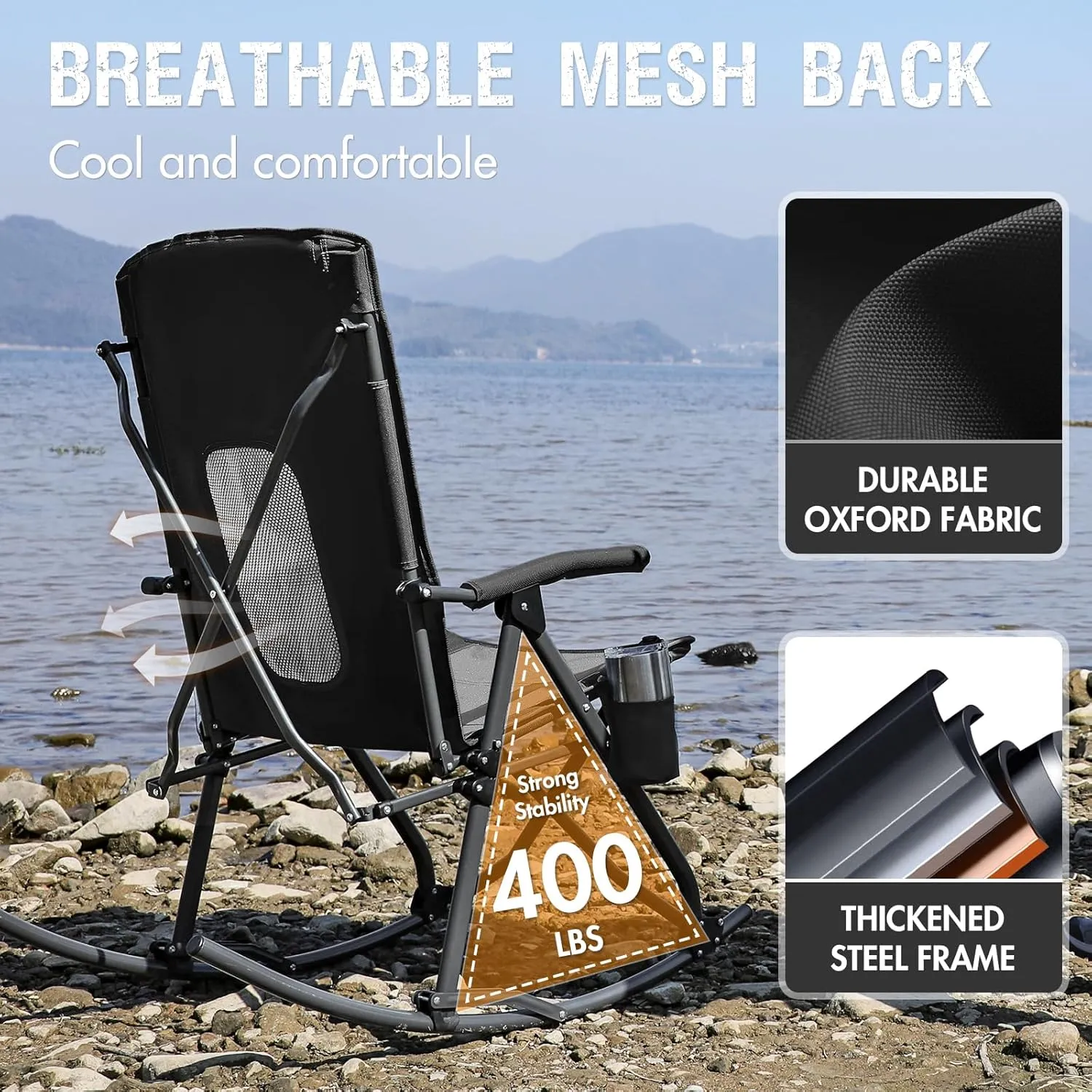 PORTAL Oversized Folding Rocking Camping Chair Portable Outdoor Rocker with High Back Hard Armrests Carry Bag, Supports 400 lbs, Mesh Back
