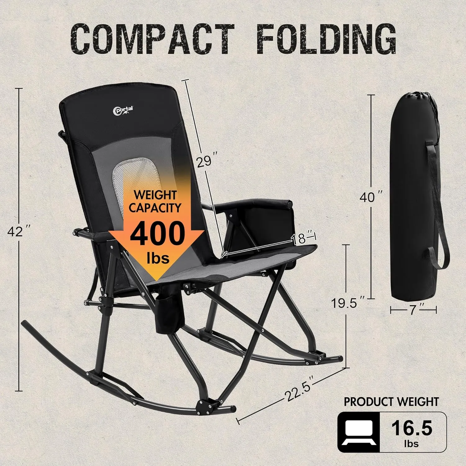 PORTAL Oversized Folding Rocking Camping Chair Portable Outdoor Rocker with High Back Hard Armrests Carry Bag, Supports 400 lbs, Mesh Back