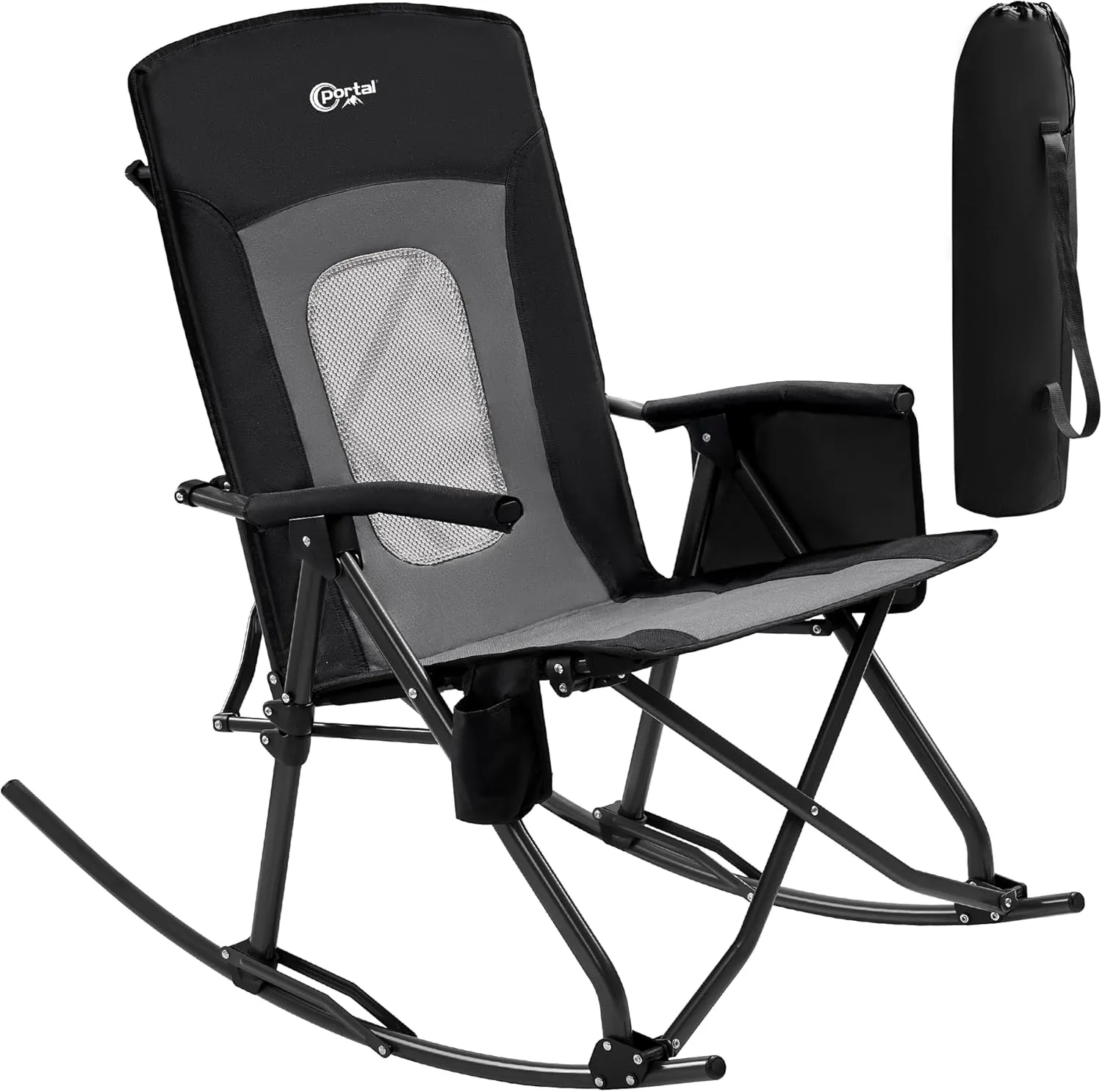 PORTAL Oversized Folding Rocking Camping Chair Portable Outdoor Rocker with High Back Hard Armrests Carry Bag, Supports 400 lbs, Mesh Back