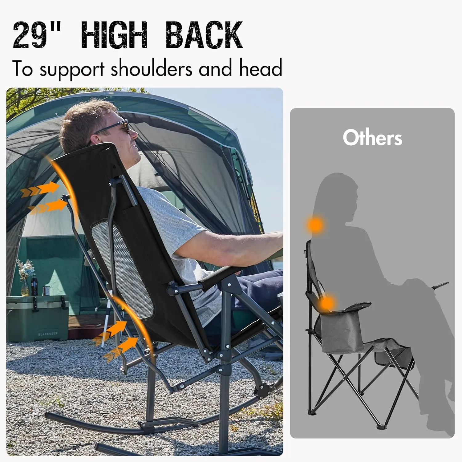 PORTAL Oversized Folding Rocking Camping Chair Portable Outdoor Rocker with High Back Hard Armrests Carry Bag, Supports 400 lbs, Mesh Back