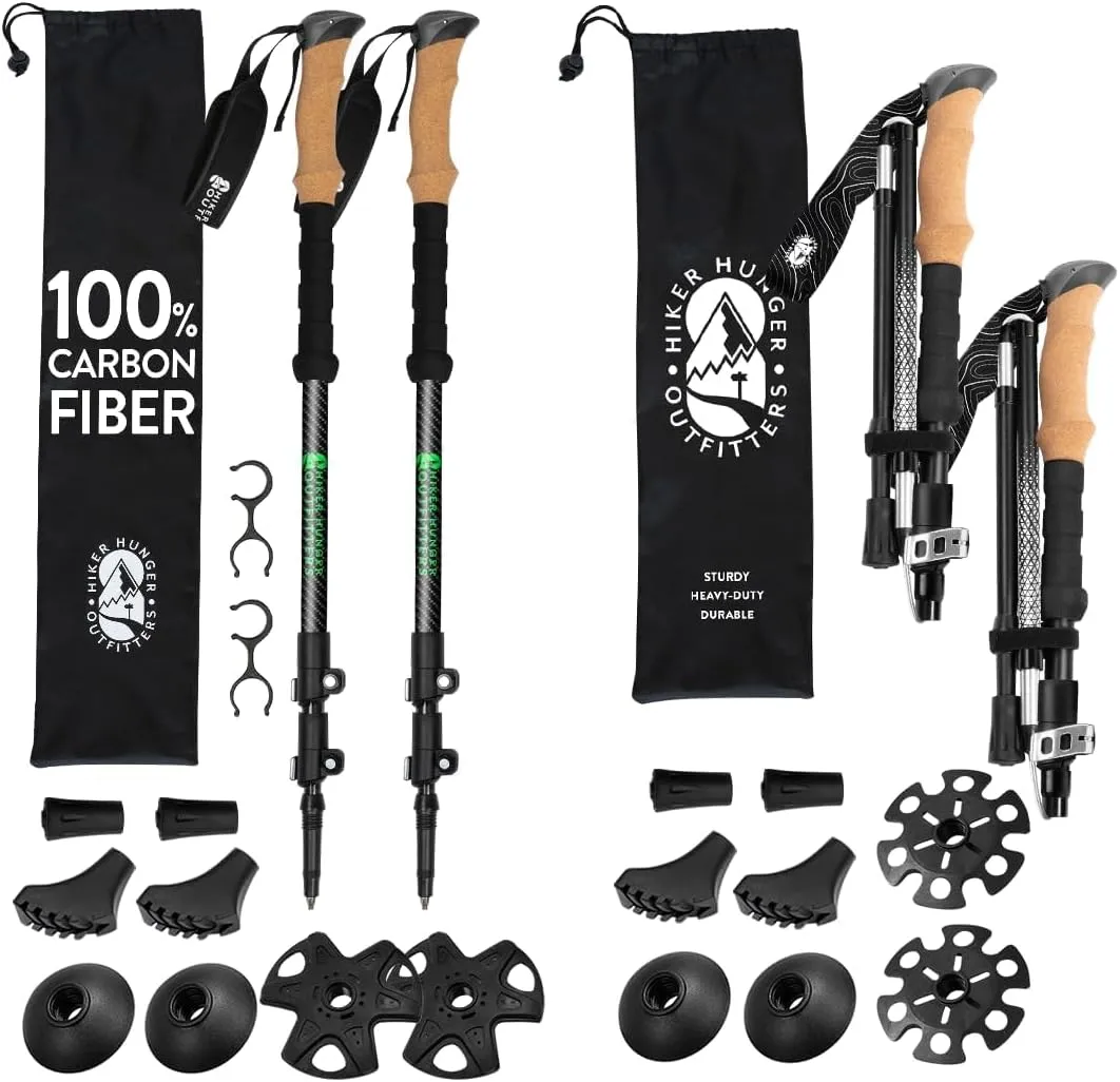 Premium Foldable & Collapsible Trekking Poles by USA Brand – Ultra Strong Lightweight Hiking Poles – 3K Black 100% Carbon Fiber Trekking Poles & Black Premium Foldable Hiking Set with Real Cork Grips