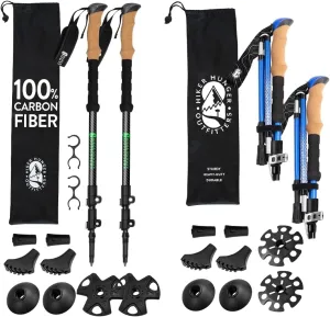 Premium Foldable & Collapsible Trekking Poles by USA Brand – Ultra Strong Lightweight Hiking Poles – 3K Black 100% Carbon Fiber Trekking Poles & Blue Premium Foldable Hiking Set with Real Cork Grips
