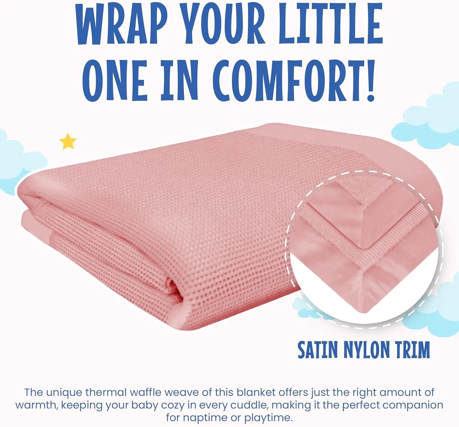 Premium Thermal Waffle Baby Blanket - Small Blanket for Newborns & Infants - Soft Mini Comfort Blankie - Ideal for Strollers, Travel and Cuddling - Pink, Satin Trim (18" x 20")