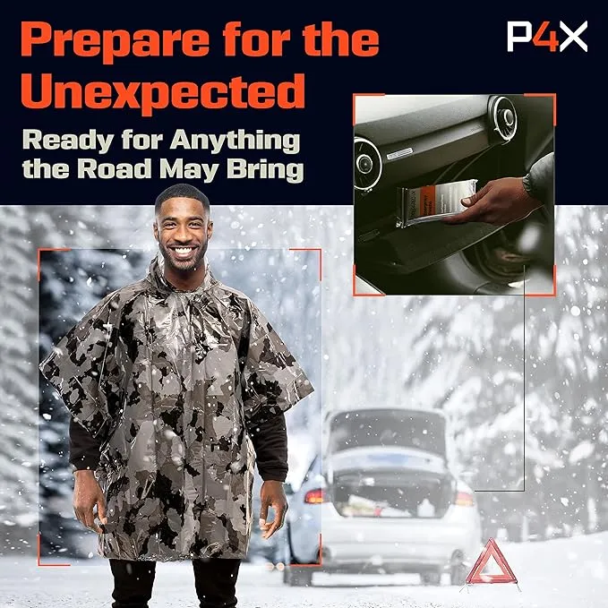 PREPARED4X Emergency Rain Poncho with Mylar Blanket Liner - Survival Blankets for Car - Heavy Duty, Waterproof Camping Gear