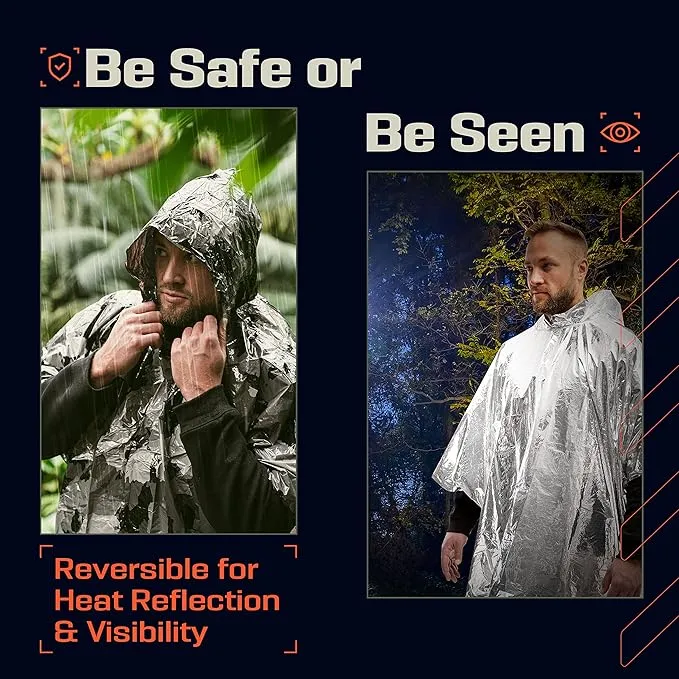 PREPARED4X Emergency Rain Poncho with Mylar Blanket Liner - Survival Blankets for Car - Heavy Duty, Waterproof Camping Gear