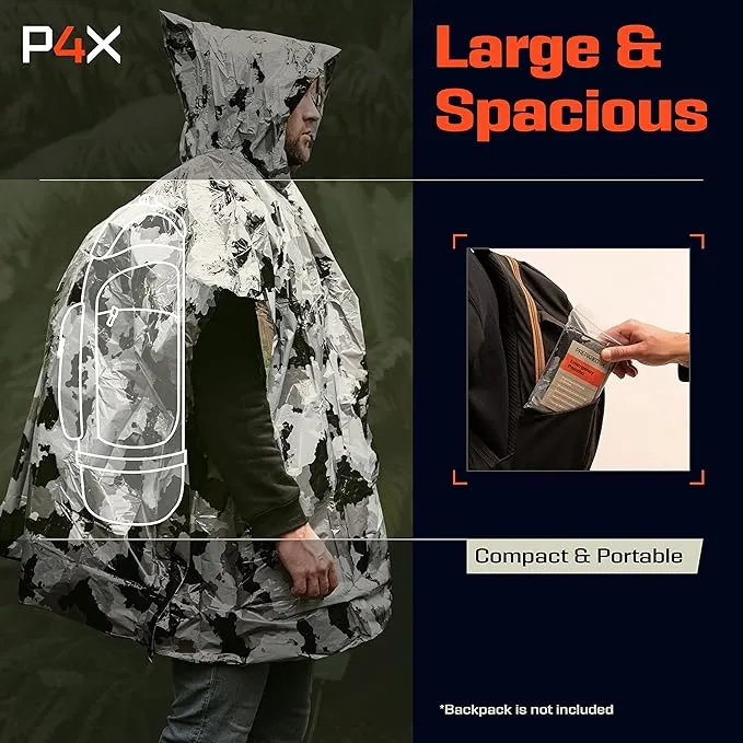 PREPARED4X Emergency Rain Poncho with Mylar Blanket Liner - Survival Blankets for Car - Heavy Duty, Waterproof Camping Gear