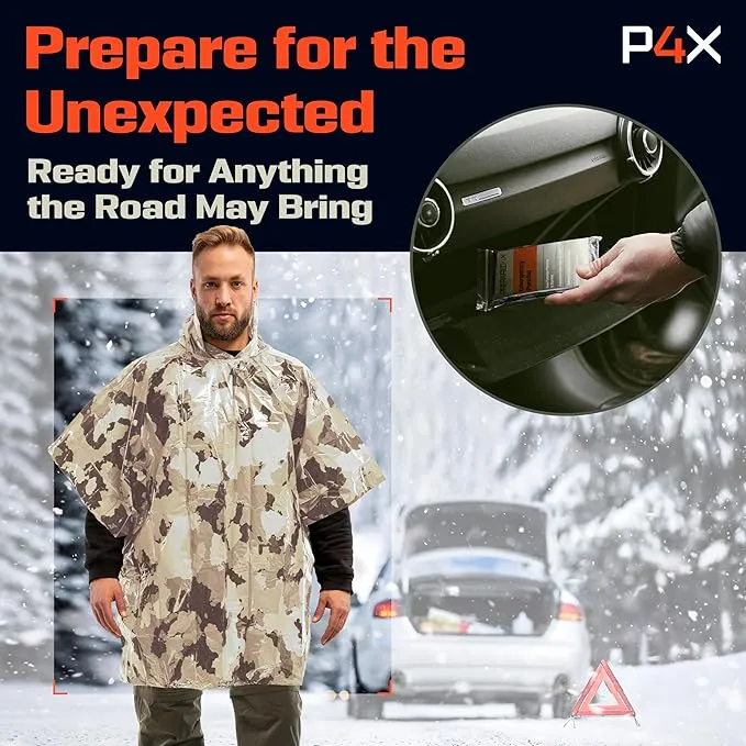 PREPARED4X Emergency Rain Poncho with Mylar Blanket Liner - Survival Blankets for Car - Heavy Duty, Waterproof Camping Gear