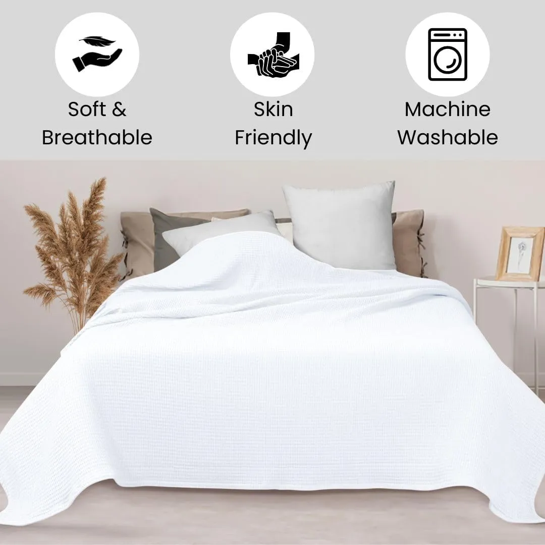 Prewashed Waffle Blanket 100% Combed Cotton - Soft, Lightweight, and Breathable - All-Season Cozy Blanket for Bed, Couch, or Sofa - 90x90 Inch Queen Size Thermal Throw Blanket White