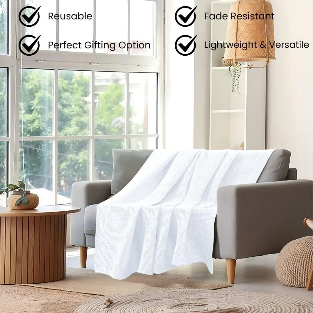 Prewashed Waffle Blanket 100% Combed Cotton - Soft, Lightweight, and Breathable - All-Season Cozy Blanket for Bed, Couch, or Sofa - 90x90 Inch Queen Size Thermal Throw Blanket White