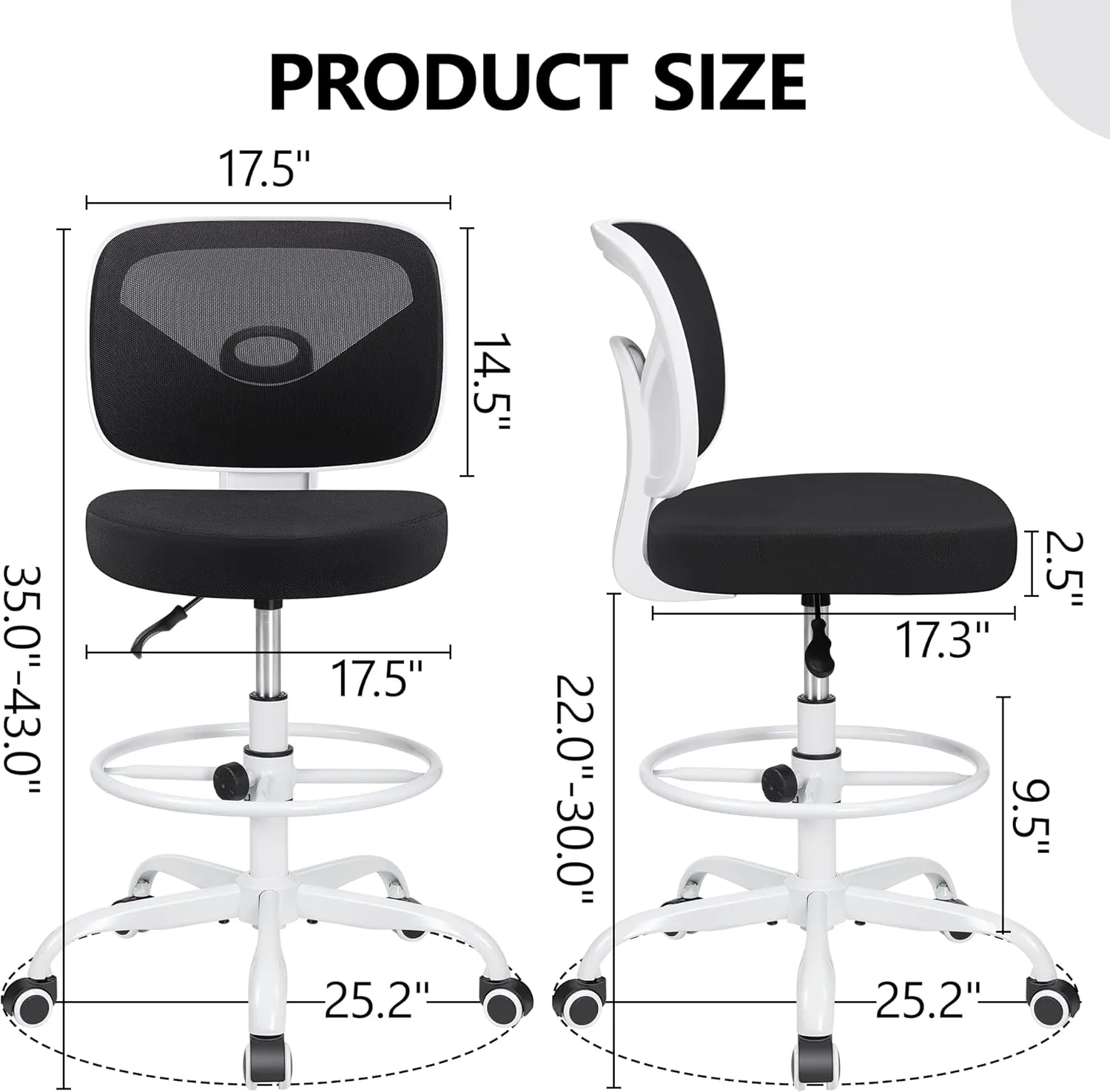 Primy Armless Mid-Back Ergonomic Standing Desk Chair - Mesh Rolling Tall Chair, Adjustable Height and Footring, Art Room, Office or Home (White)