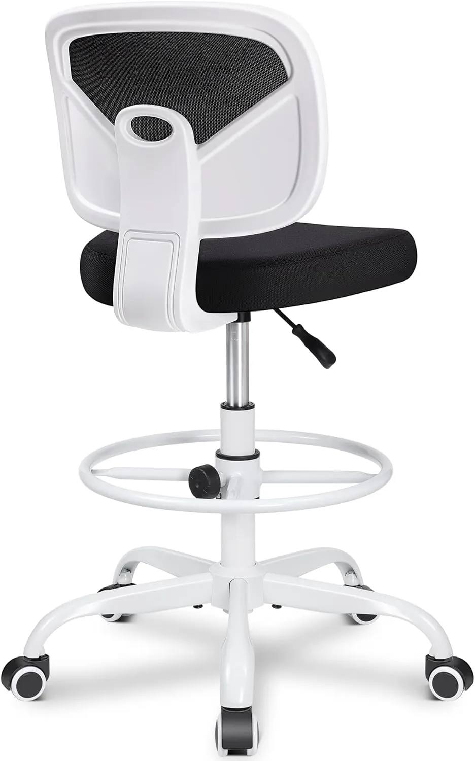 Primy Armless Mid-Back Ergonomic Standing Desk Chair - Mesh Rolling Tall Chair, Adjustable Height and Footring, Art Room, Office or Home (White)