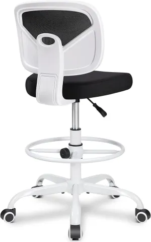 Primy Armless Mid-Back Ergonomic Standing Desk Chair - Mesh Rolling Tall Chair, Adjustable Height and Footring, Art Room, Office or Home (White)