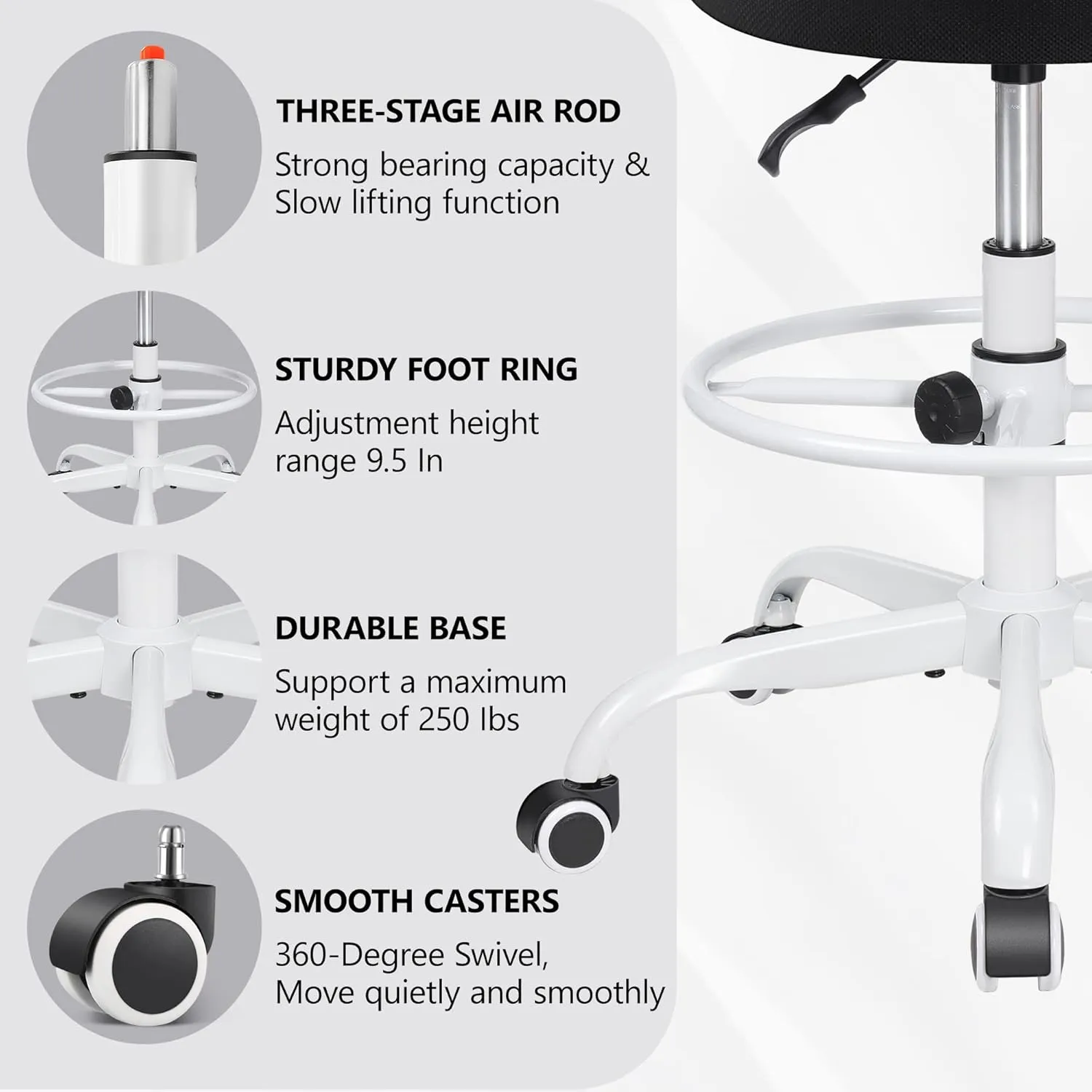 Primy Armless Mid-Back Ergonomic Standing Desk Chair - Mesh Rolling Tall Chair, Adjustable Height and Footring, Art Room, Office or Home (White)