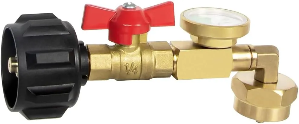 Propane Adapter 1LB To 20 LB, QCC1 Propane Refill Elbow Adapter With Gauge and ON-Off Control Valve, SuitableFor 1LB Propane Tank To Be Bottle Refilled Gas From 5~40 LB Propane Tank