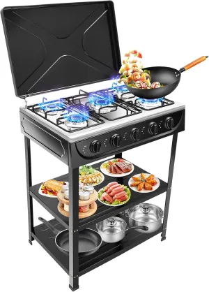 Propane Gas Stove 5 Burner Natural Gas Stove for LPG NG Dual Fuel, Freestanding Camp Stove with Leg Stand and 2 Storage Shelves, 5 Burner Natural Gas/Propane Cooktop for Apartmen Kitchen (Black)