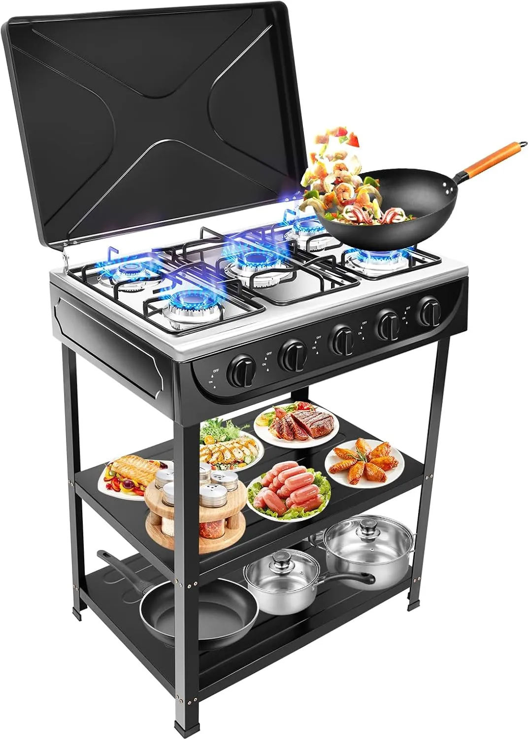 Propane Gas Stove 5 Burner Natural Gas Stove for LPG NG Dual Fuel, Freestanding Camp Stove with Leg Stand and 2 Storage Shelves, 5 Burner Natural Gas/Propane Cooktop for Apartmen Kitchen (Black)