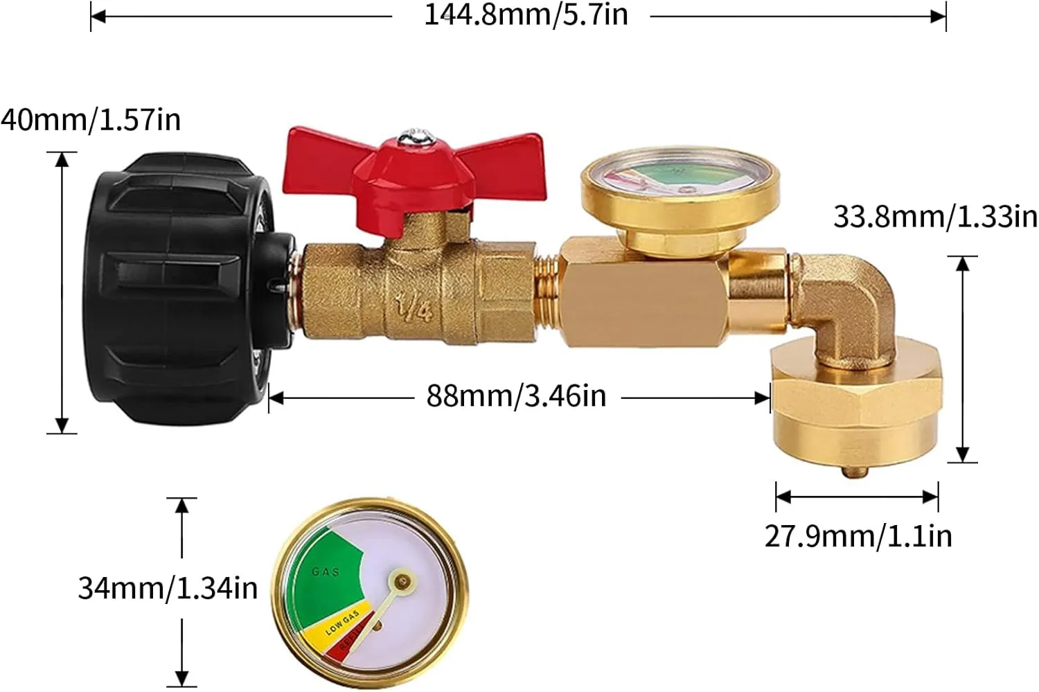 Propane Refill Elbow Adapter 1lb to 20lb, 90 Degree with Tank Gauge Fill 1 Pound Bottles from 20lb Tank Fits Qcc1 / Type1 Propane Tank and 1 Lb Throwaway Disposable Cylinder Propane Bottle Connector