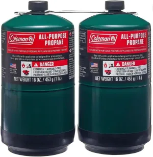 Propane Replacement Fuel Cylinders 16 Ounces Camping (2 Pack). Factory Pre-Filled and Ready to Use