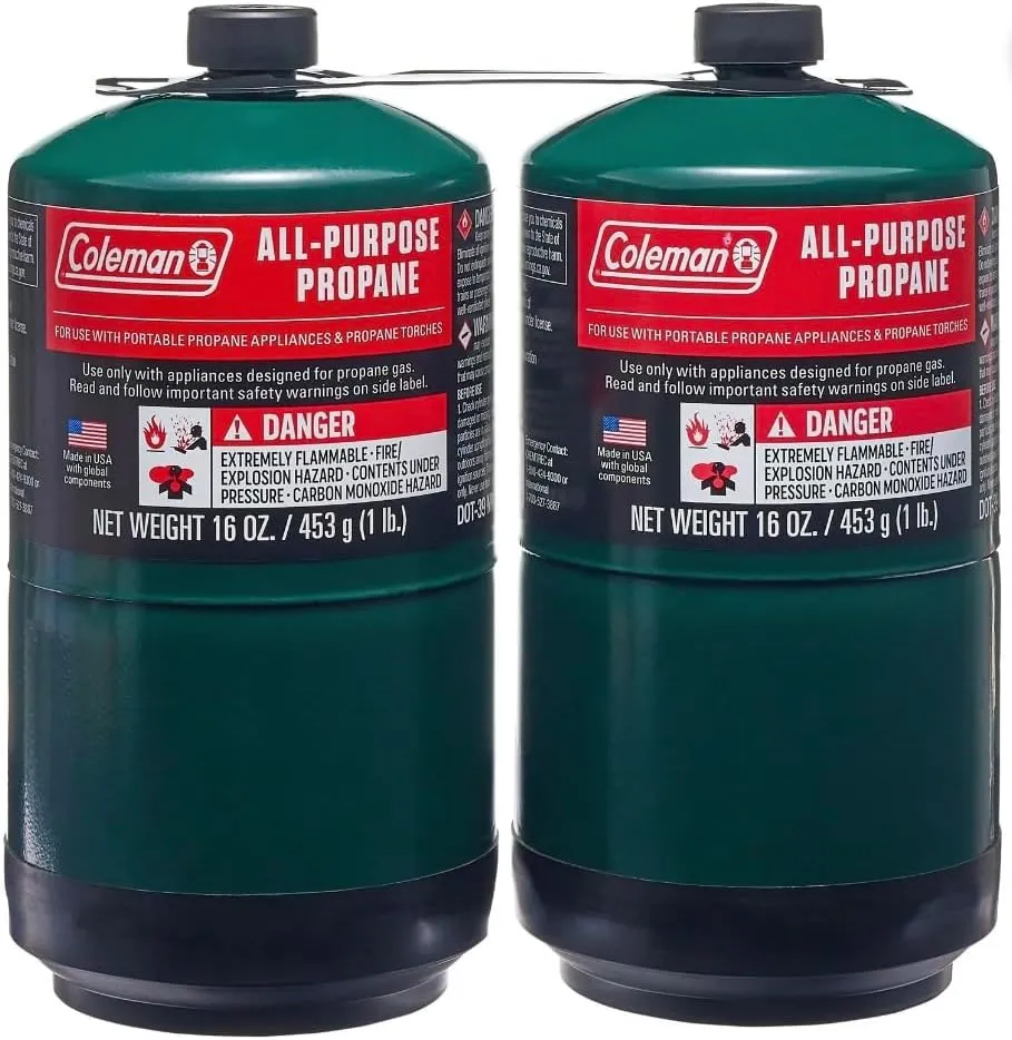 Propane Replacement Fuel Cylinders 16 Ounces Camping (2 Pack). Factory Pre-Filled and Ready to Use