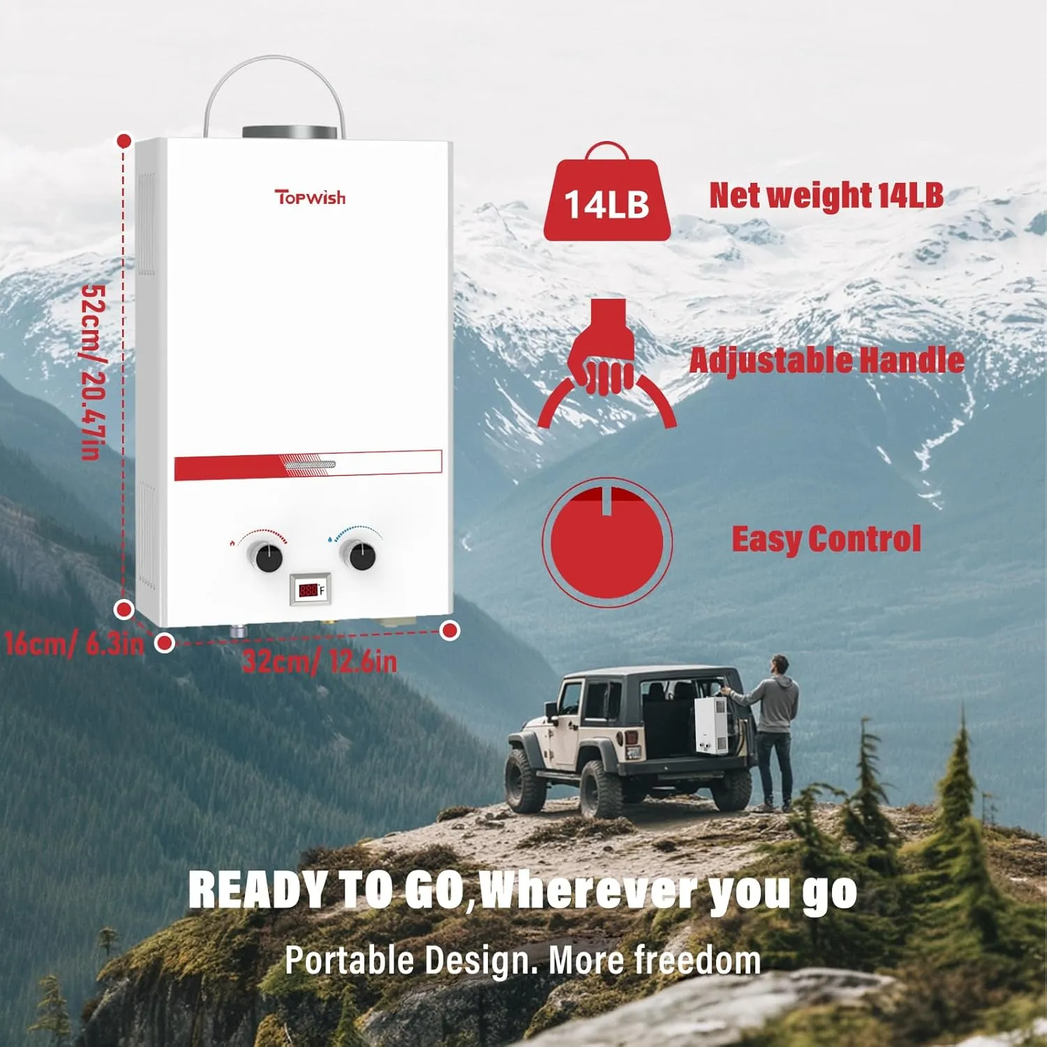 Propane Water Heater Tankless, 12L Portable Water Heater, 3.16GPM Portable Hot Water Heaters with Multi-Protection, Instant Camping Water Heaters for Camping, Outdoors Shower, RV Shower,White