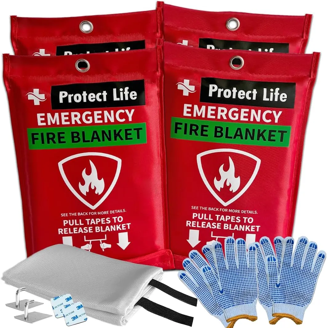 Protect Life Emergency Fire Blanket for Home & Kitchen, 40" x 40" Fiberglass Flame Retardant Fabric for Cooking & Clothing Mishaps, Fire Blankets Emergency for Home Safety, Camping & More (4 Pack)