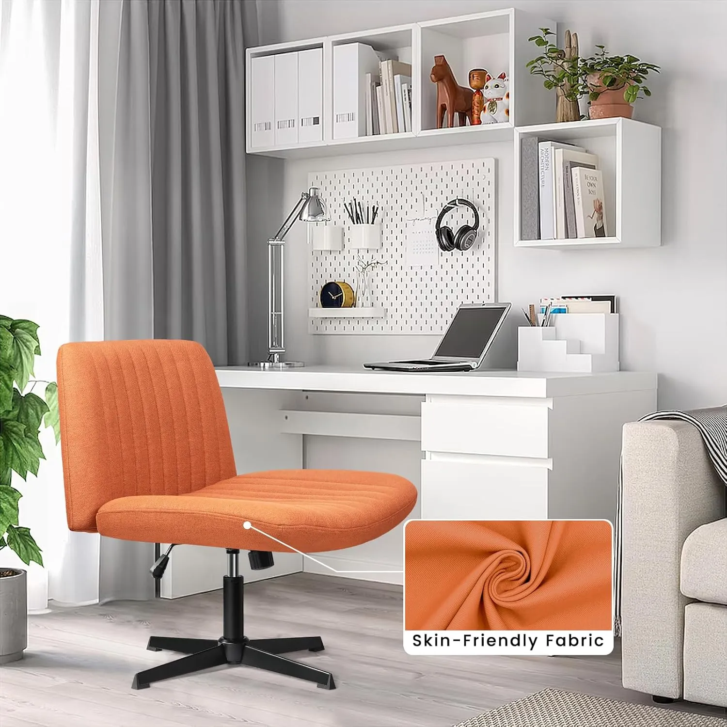 PUKAMI Criss Cross Chair,Armless Cross Legged Office Desk Chair No Wheels,Fabric Padded Modern Swivel Height Adjustable Mid Back Wide Seat Computer Task Vanity Chair for Home Office(Brown)